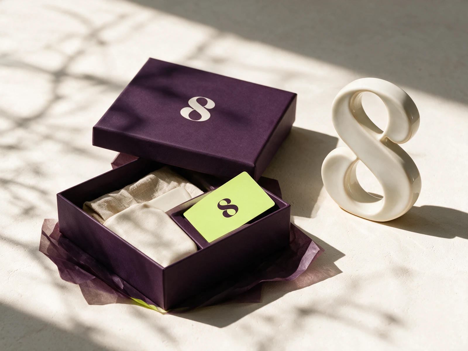 SEREIN concept packaging in aubergine, lime, and porcelain with a sculptural S signature