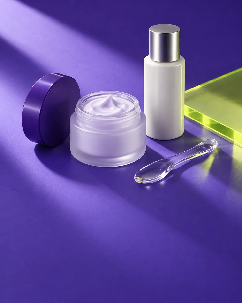 Swayy concept art with fictional skincare products on violet and citron studio surfaces
